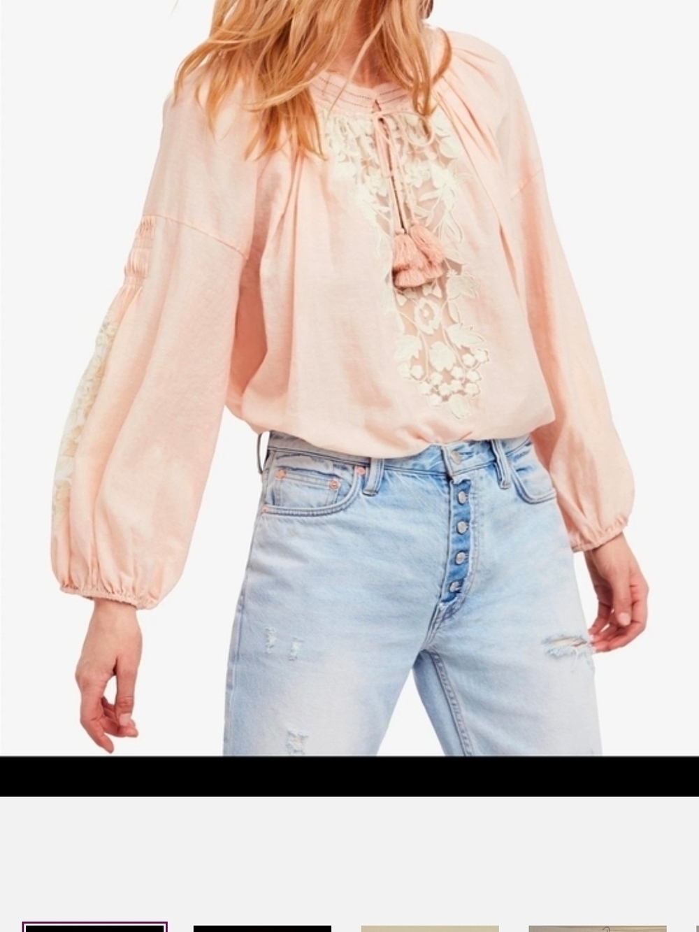 Free People Blouson Peasant Top in Blush Pink with Tassel Tie